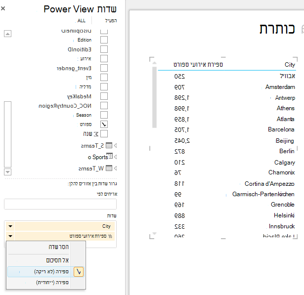יצירת ספירה של אירועי ספורט, במקום רשימה