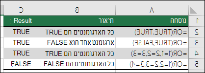 דוגמאות לשימוש בפונקציה OR.