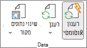 הקבוצה 'נתונים' בתוך הכרטיסיה 'ניתוח PivotTable' ברצועת הכלים. הקבוצה 'נתונים' מכילה את הלחצנים 'רענון אוטומטי', 'רענון' ו'שינוי מקור נתונים'.