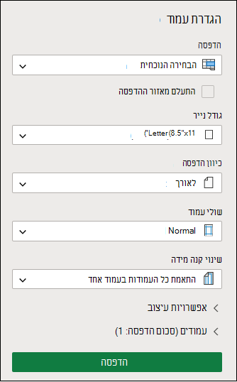 הדפסת הקטע הנבחר הנוכחי ב- Excel באינטרנט