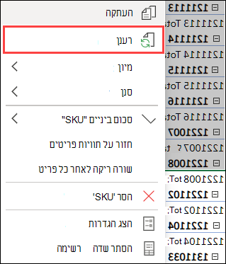 רענון PivotTable