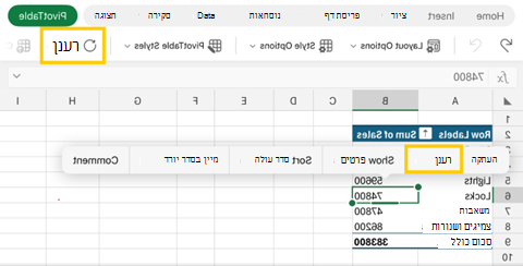 צילום מסך של רענון טבלת Pivot Table ב- Excel עבור iPad