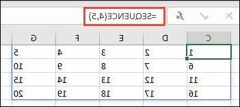 דוגמה לפונקציה SEQUENCE עם מערך בגודל ‎4 x 5