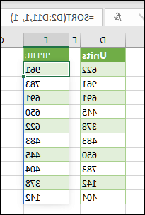 מיין את הערכים בתאים D2:D11 באמצעות =SORT(D2:D11,1,-1)