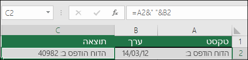 דוגמה של צירוף טקסט ללא הפונקציה TEXT
