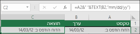 דוגמה של צירוף טקסט עם הפונקציה TEXT
