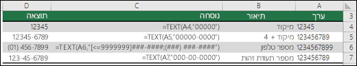 תבניות מיוחדות עבור הפונקציה TEXT