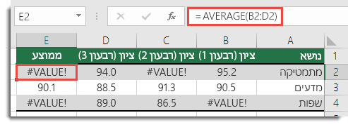 שגיאת ‎#VALUE‎ ב- AVERAGE