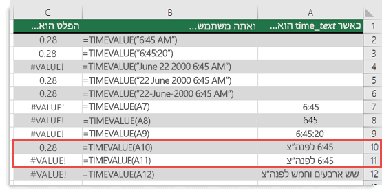פלט של פונקציות TIMEVALUE שונות