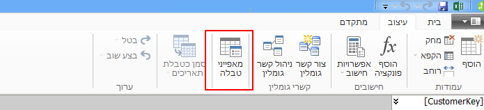 רצועת כלים בחלון PowerPivot המציגה את הפקודה 'מאפייני טבלה'