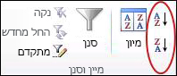לחצני 'מיון' בקבוצה 'מיון & סינון' בכרטיסיה 'נתונים' ב- Excel