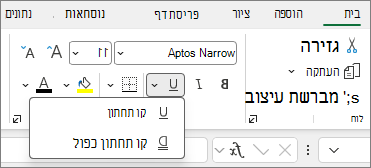 צילום מסך של קבוצת לחצני הגופנים לשימוש עם שינוי סגנון הגופן בתא.