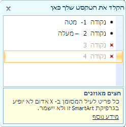 החלונית 'טקסט' עם סימני X אדומים