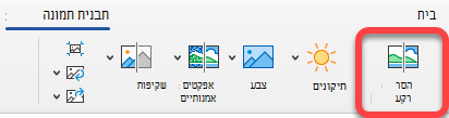 האפשרות 'הסר תמונה' נמצאת בכרטיסיה 'עיצוב תמונה' ביישומי Office.