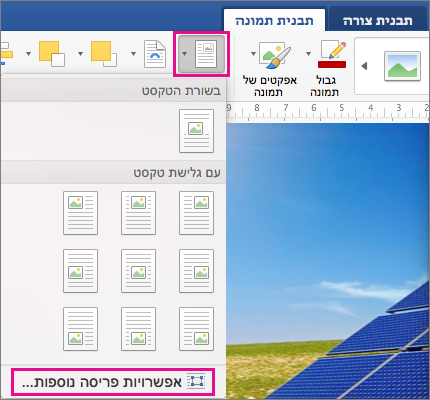 בכרטיסיה 'עיצוב תמונה', האפשרויות 'מיקום' ו'פריסה נוספות' מסומנות.