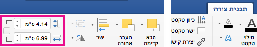 בכרטיסיה 'עיצוב צורה', התיבות 'גובה' ו'רוחב' מסומנות.