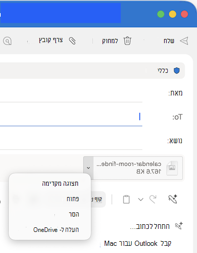 אפשרויות רשימה נפתחת של צירוף קבצים Outlook עבור Mac