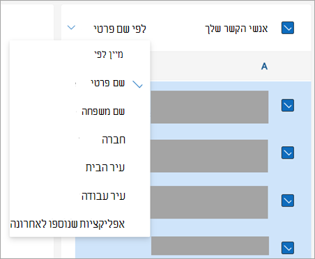 צילום מסך של אפשרויות למיון אנשי קשר