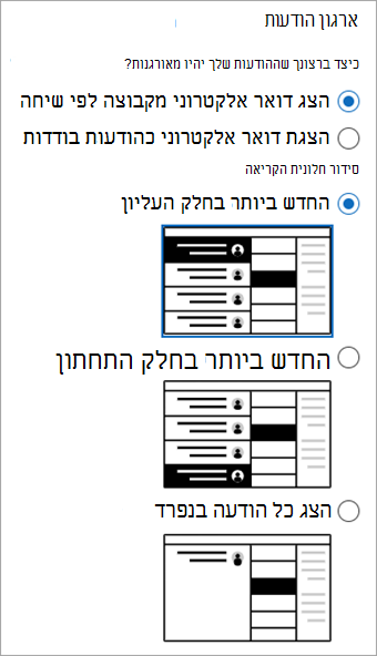 צילום מסך של המקטע ' > הגדרות פריסת> דואר' המציג את המקטע 'ארגון הודעות'