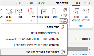 צילום מסך המציג את הרשימה הנפתחת 'חסימת שולח' כאשר האפשרות 'אפשרויות דואר זבל' נבחרה