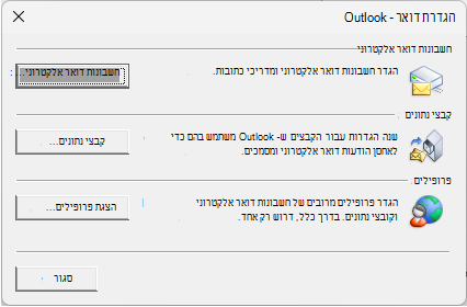 הגדרת דואר - תיבת הדו-שיח של Outlook שניתן לגשת אליו באמצעות הגדרות דואר ב- לוח הבקרה.