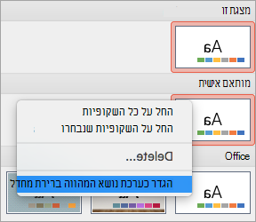 הצגת האפשרות 'קבע כערכת נושא המהווה ברירת מחדל' עבור ערכת נושא מותאמת אישית
