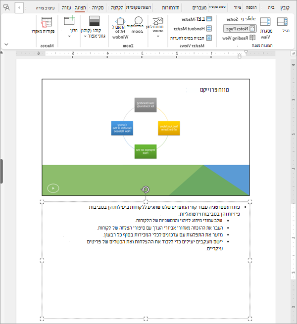 צילום מסך המציג שקופית אחת בחבילת שקופיות של PowerPoint עם ההערות המשויכות לה.