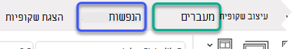 תמונה חלקית של רצועת הכלים של PowerPoint, תוך הדגשה של הכרטיסיות 'מעברים' ו'הנפשות'.