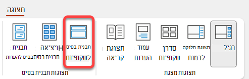 לחצן 'תבנית בסיס לשקופיות' בכרטיסיה 'תצוגה' ב- PowerPoint.