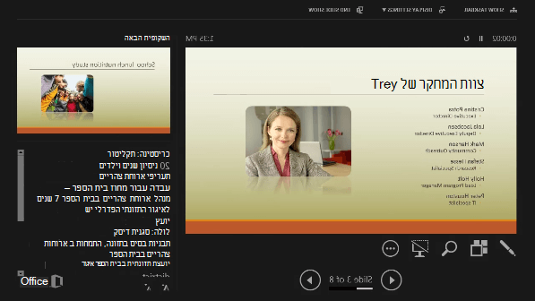 תצוגת המגיש PowerPoint 2016, עם עיגול סביב הערות הדובר
