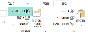לחצן 'פריסה' בכרטיסיה 'בית' ב- PowerPoint כולל את כל פריסות השקופיות הזמינות.