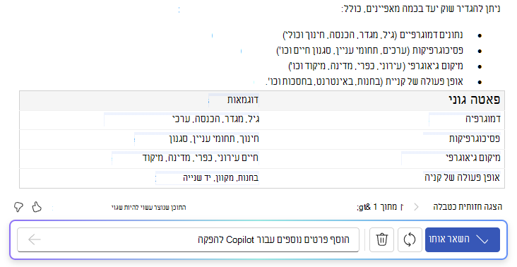 צילום מסך של Copilot ב- Word שמציג את יכולת הטקסט לטבלה
