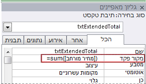 ביטוי במאפיין 'מקור פקד' של תיבת טקסט.