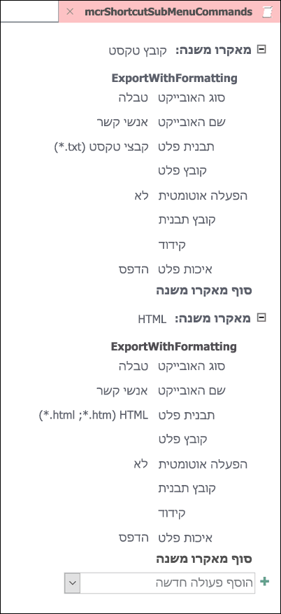 צילום מסך של מאקרו ב- Access עם שתי פקודות משנה של המאקרו