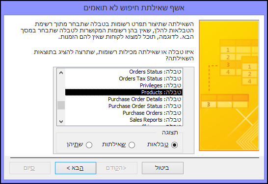 בחר טבלה או שאילתה בתיבת הדו-שיח 'אשף שאילתת חיפוש של לא תואמים'