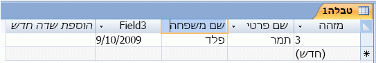 הקלדת שם שדה חדש בטבלת Access