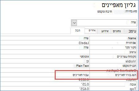 הצג את המאפיין 'בורר תאריכים' בגליון המאפיינים של טופס
