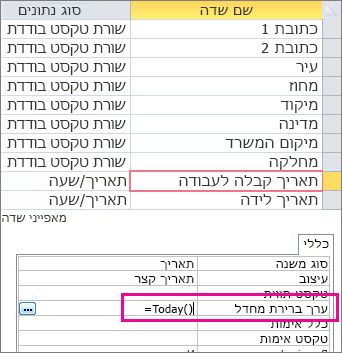 הגדרת ערך ברירת המחדל של שדה 'תאריך/שעה' בטבלה של Access.