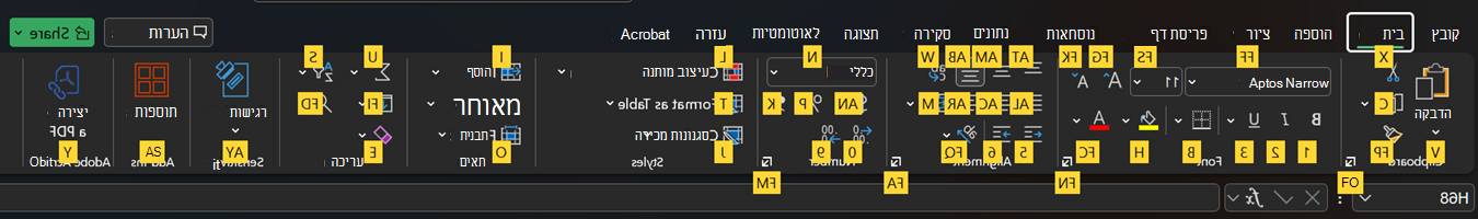 עצות מקשים ברצועת הכלים של Excel.