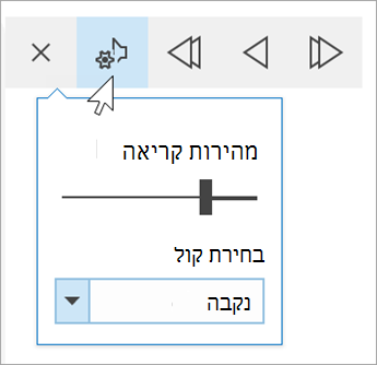 צילום מסך של סרגל הכלים 'אפשרויות קול של תצוגת קריאה מודרנית'. העכבר מרחף מעל הגדרות וחושף לחצן דו-מצבי עבור מהירות קריאה ורשימה נפתחת עבור בחירת קול