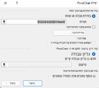 תיבת הדו-שיח 'הוספת PivotChart' ב- Excel עבור Windows מציגה את טווח התאים שנבחר ואת אפשרויות ברירת המחדל.