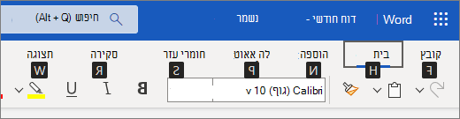 תיאורי מקשים המוצגים מעל כל אפשרות ברצועת הכלים ב- Word באינטרנט.