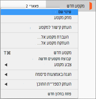 תפריט תלוי הקשר של מקטע כאשר הפקודה 'שנה שם מקטע' מסומנת.