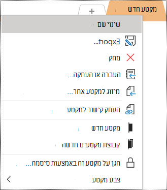 צילום מסך של התפריט תלוי ההקשר שנבחרה בו האפשרות 'שנה שם'.
