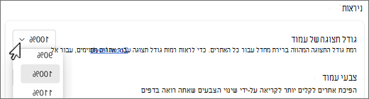 צילום מסך נפתח של רמות גודל תצוגה של דף.