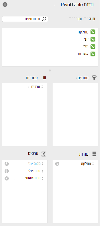 החלונית 'שדות PivotTable' ב- Mac.