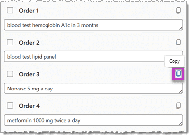 Image shows different order list options in Order tab for DAX Copilot highlighted with copy icon