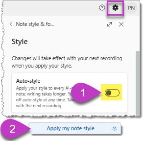 Image highlights settings icon and steps to enable auto style with Call outs