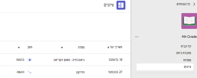 Screesnshot המציג ציונים