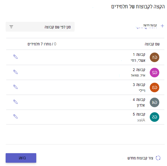 צילום מסך של קבוצות שנוצרו.